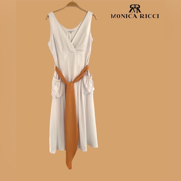 Monica Ricci White V-Neck Sleeveless Midi Dress with Tan Waist Sash - Picture 2 of 8